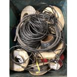 MOBILE TROLLEY BIN OF VARIOUS REELS OF ELECTRICIANS WIRE AND CABLE, ANGLE GRINDER, GREASE GUN,
