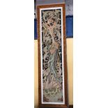 THAI PAINTED PANEL OF FIGURE AND MYTHICAL BIRD IN A CARVED FRAME 144 X 31CM