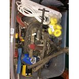 BOX OF MISCELLANEOUS TOOLS INCLUDING G CLAMPS, STAPLER,