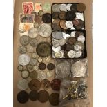 SMALL TIN AND SUEDE PURSE OF SORTED WORLD AND PRE DECIMAL COINS AND TIE SLIDE AND CUFFLINKS