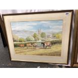 WATERCOLOUR OF CATTLE IN A PASTORAL LANDSCAPE BY RON HARRIS