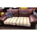 BROWN LEATHER TWO SEATER FABRIC CUSHION SOFA