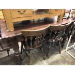 STAINED DARK PINE FARMHOUSE STYLE DINING TABLE AND SIX PIERCED FIDDLE BACK CHAIRS