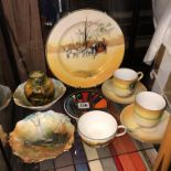 POOLE POTTERY DISH, PAIR OF JAPANESE CABINET CUPS AND SAUCERS,
