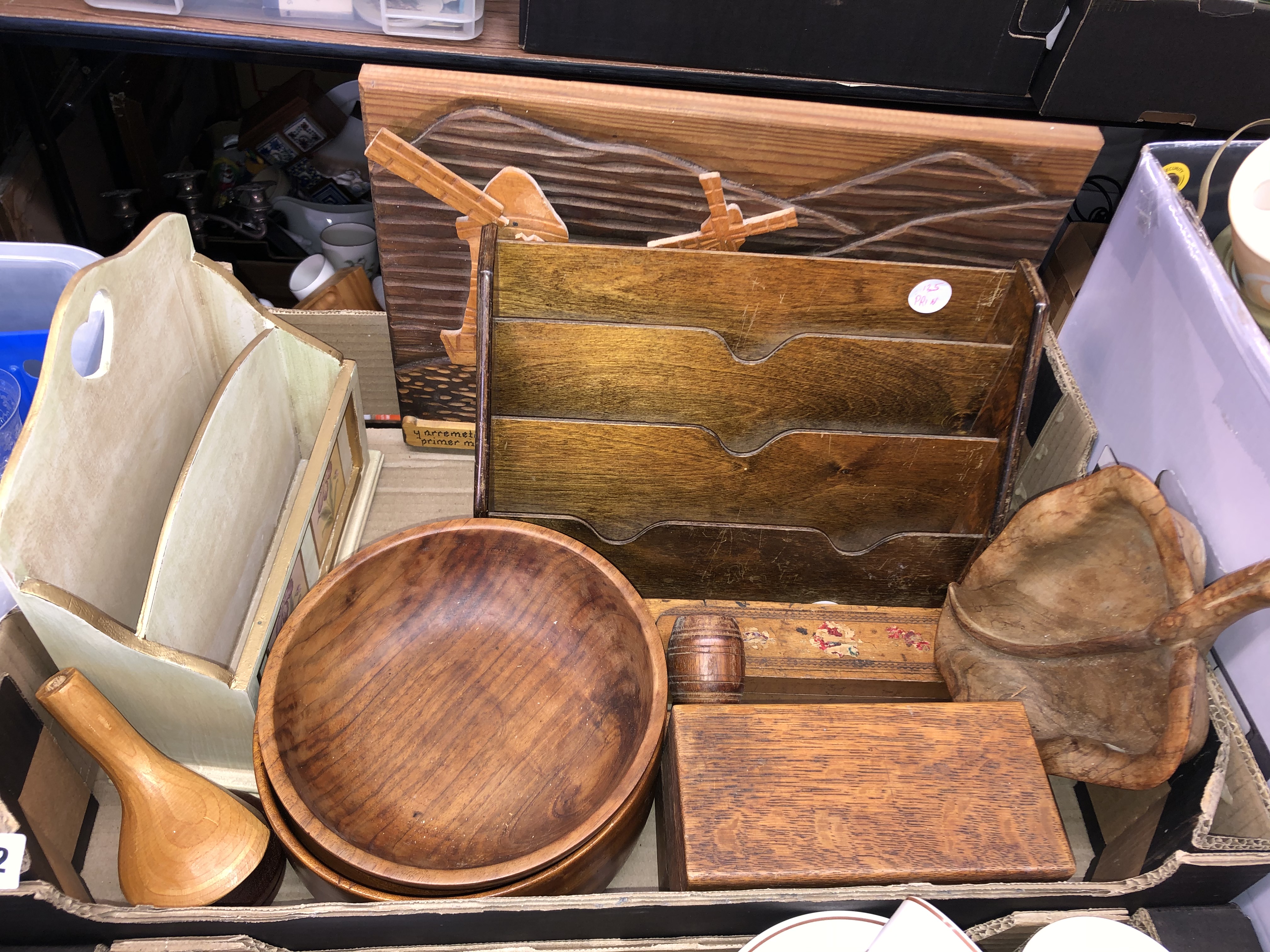 BOX OF WOODEN STATIONERY RACK, PENCIL BOX, VARIOUS BOWLS,