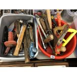 TWO WASHTUBS OF GENERAL TOOLS INCLUDING BOLSTER CHISEL, HAMMER, MONKEY WRENCH,