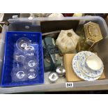 BOX CONTAINING A MOTTLED CEILING SHADE, ANNIVERSARY TYPE CLOCK, ETCHED GLASSWARE,