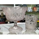 PRESSED GLASS QUEEN VICTORIA JUBILEE PEDESTAL SUCRIER AND A HELMET CREAMER