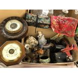 BOX CONTAINING TWO SMALL BAROMETERS AND VARIOUS CERAMICS AND GLASS