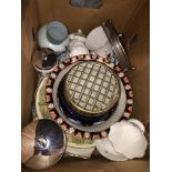 BOX CONTAINING BLUE ROSE BOWL, GLASSWARE,