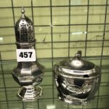 LONDON SILVER OCTAGONAL PANEL LIGHTHOUSE CASTOR AND A GEORGIAN OVAL DRUM MUSTARD POT WITH LINER 6.