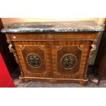20TH CENTURY FRENCH STYLE KING WOOD AMBOYNA CABINET WITH GILT METAL PANELS AND CARYATID 101CM H X