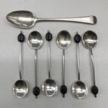 SET OF SIX SILVER COFFEE BEAN TEASPOONS AND A SINGULAR TEASPOON