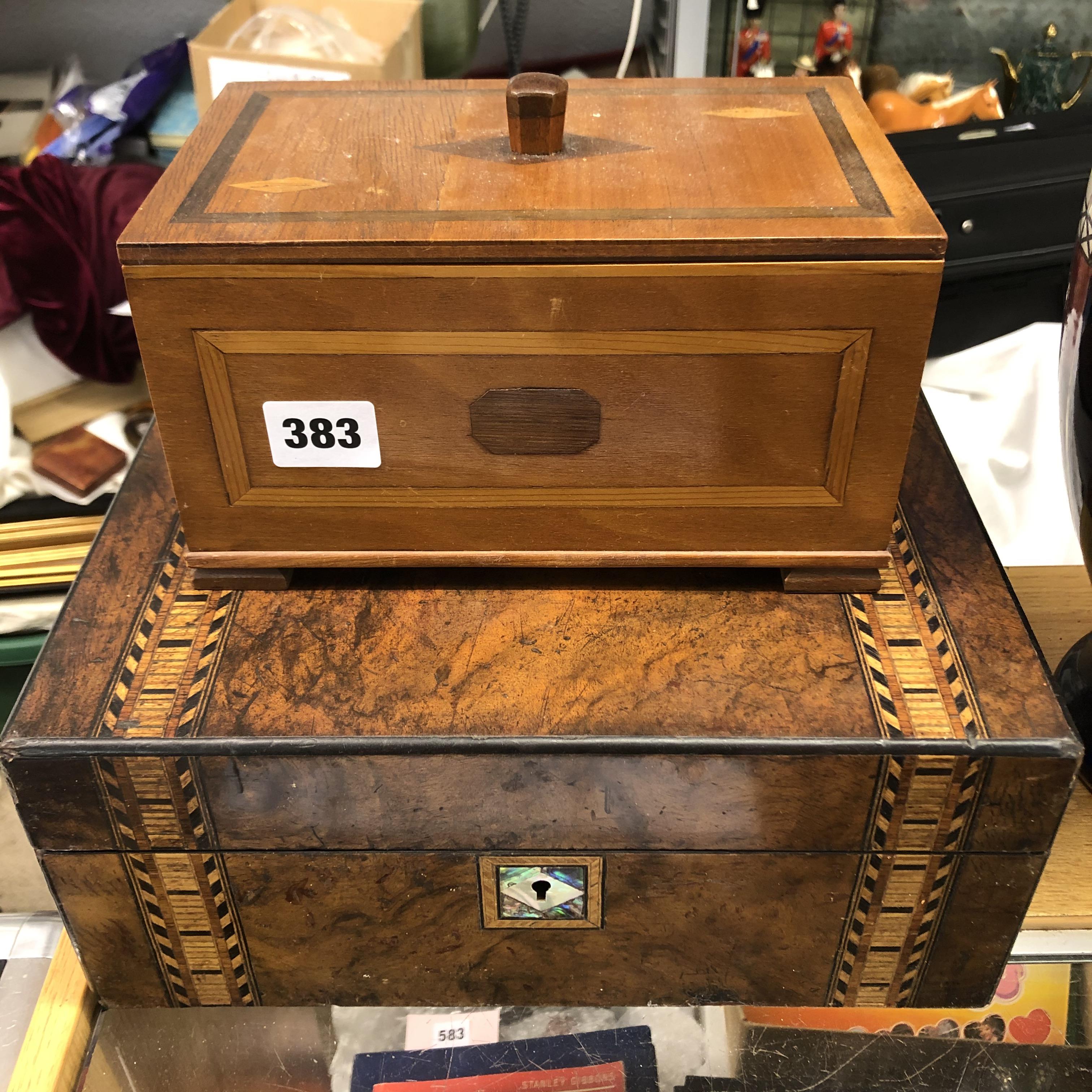 WALNUT TUNBRIDGE BANDED BOX AND A 20TH CENTURY LINED RECTANGULAR BOX