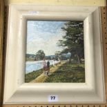 OIL ON PANEL OF FIGURES BY A RIVERSIDE BY JOHN PANNELL