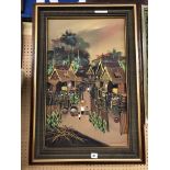OIL ON CANVAS OF AN ORIENTAL VILLAGE SCENE SIGNED S.