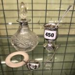 SILVER MOUNTED CUT GLASS SCENT BOTTLE WITH STOPPER, EGG CUP,