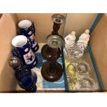 BOX CONTAINING A PAIR OF BARLEY TWIST CANDLESTICKS, BLUE LIQUEUR SET,