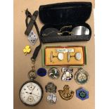 SILVER CASED POCKET WATCH, ASSORTED GIRL GUIDE LAPEL AND PIN BADGES,