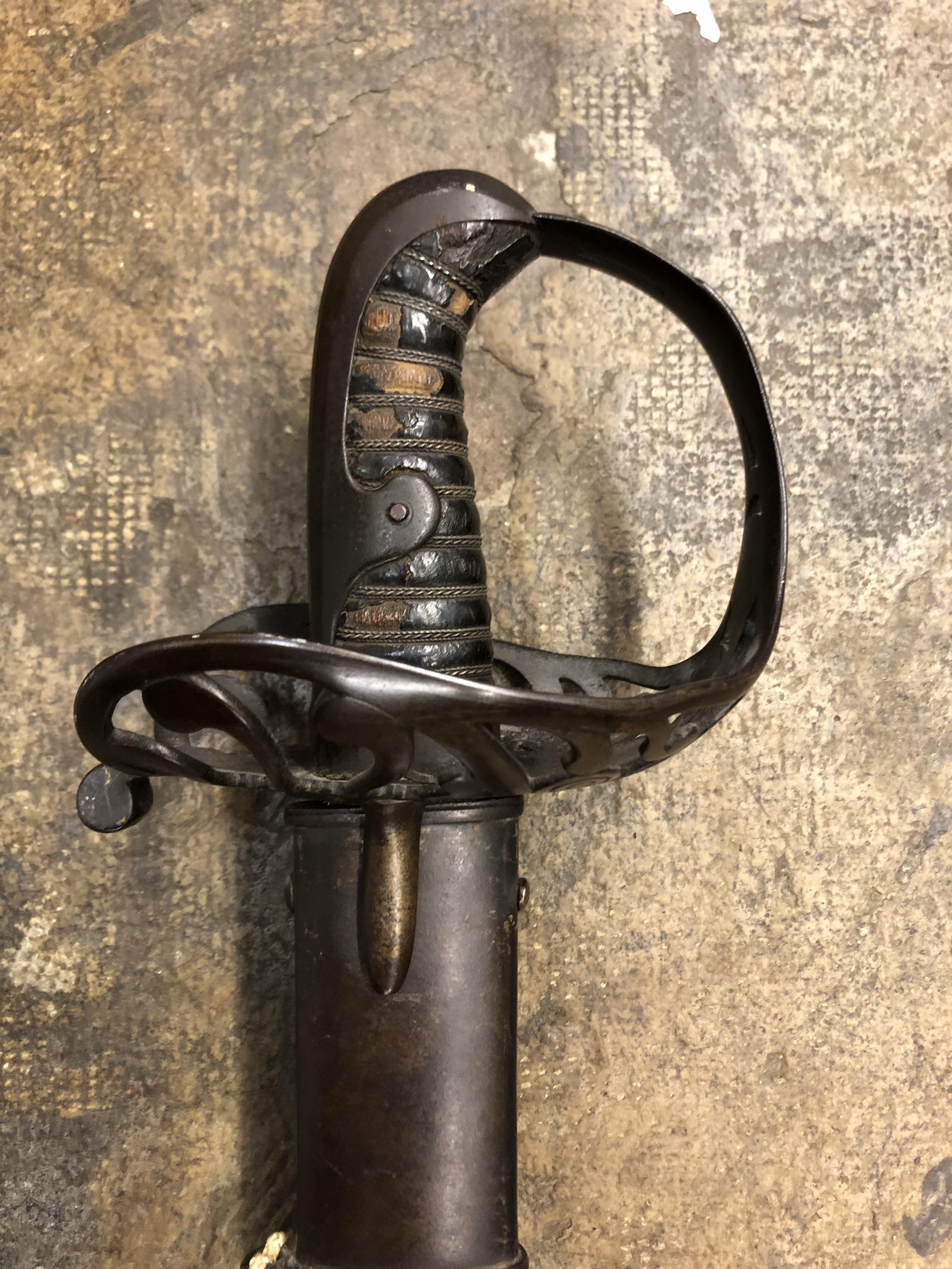 EARLY 19TH CENTURY BASKET HILTED SWORD WITH WIRED GRIP HANDLE, ETCHED BLADE IN STEEL SCABBARD - 86. - Image 3 of 11