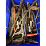 LARGE BLUE CRATE OF METAL SAWS, FILES,