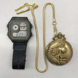CASIO DIGITAL WATCH AND A PLATED LOCOMOTIVE FULL HUNTER POCKET WATCH ON CHAIN,