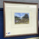 SMALL WATERCOLOUR TITLED "COD BECK, OSMOTHERLY" RESERVOIR SCENE WITH SHEEP SIGNED PATRICIA WORMALD,