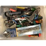 BOX OF MISCELLANEOUS TOOLS - SPANNERS, PLIERS, SCREWDRIVERS,