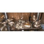 EPNS TRAY, TWO EPNS THREE PIECE TEA SERVICE,