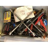 CARTON OF MISCELLANEOUS TOOLS, WHEEL BRACES, NIPS, PLIERS,