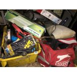 YELLOW CRATE OF WHEEL BRACES, JUMP LEADS,