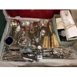 TWO TRAYS OF VARIOUS GOOD QUALITY PLATED CUTLERY, LADLES,