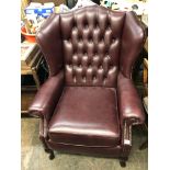 OXBLOOD BUTTON BACK LEATHER WING ARMCHAIR