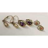 THREE PAIRS OF LADIES STUD AND DROPPER EARRINGS