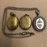 OVAL ENGRAVED LOCKET ON A BELCHER CHAIN AND TWO OVAL ENGRAVED BAS METAL LOCKETS