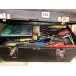 BLACK TOOL BOX OF MAINLY NEW AND USED SCREWDRIVERS - FLAT HEAD AND PHILLIPS