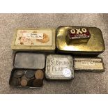 SMALL TUB OF PRE DECIMAL COINS AND VINTAGE ADVERTISING TINS