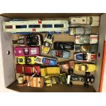 SELECTION OF DINKY AND CORGI PLAY WORN DIECAST MODEL CARS, VEHICLE TRANSPORTER, ETC.