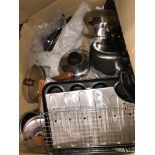 LARGE BOX OF ASSORTED POTS AND OTHER KITCHEN RELATED ITEMS