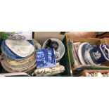 TWO BOXES CONTAINING ORIENTAL STYLE PLANTER, BOWL, BLUE AND WHITE TILES, RIBBON PLATE, ETC.