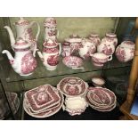 TWO SHELVES OF AVON COTTAGE AND WEDGWOOD DINNER PLATES, COFFEE POTS, GINGER JARS ETC.