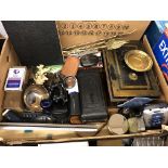 CARTON CONTAINING ENAMEL CASH BOX, VINTAGE CARBINE CAMERA, HIP FLASK, SLIDE RULERS ,ETC.