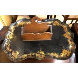 VICTORIAN PAPIER MACHE AND GILDED TRAY AND OAK WALL BOX