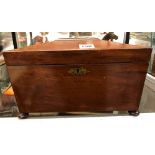 REGENCY MAHOGANY SARCOPHAGUS TEA CADDY ON BUN FEET WITH MIXING BOWL AND PLATED CADDY SPOON