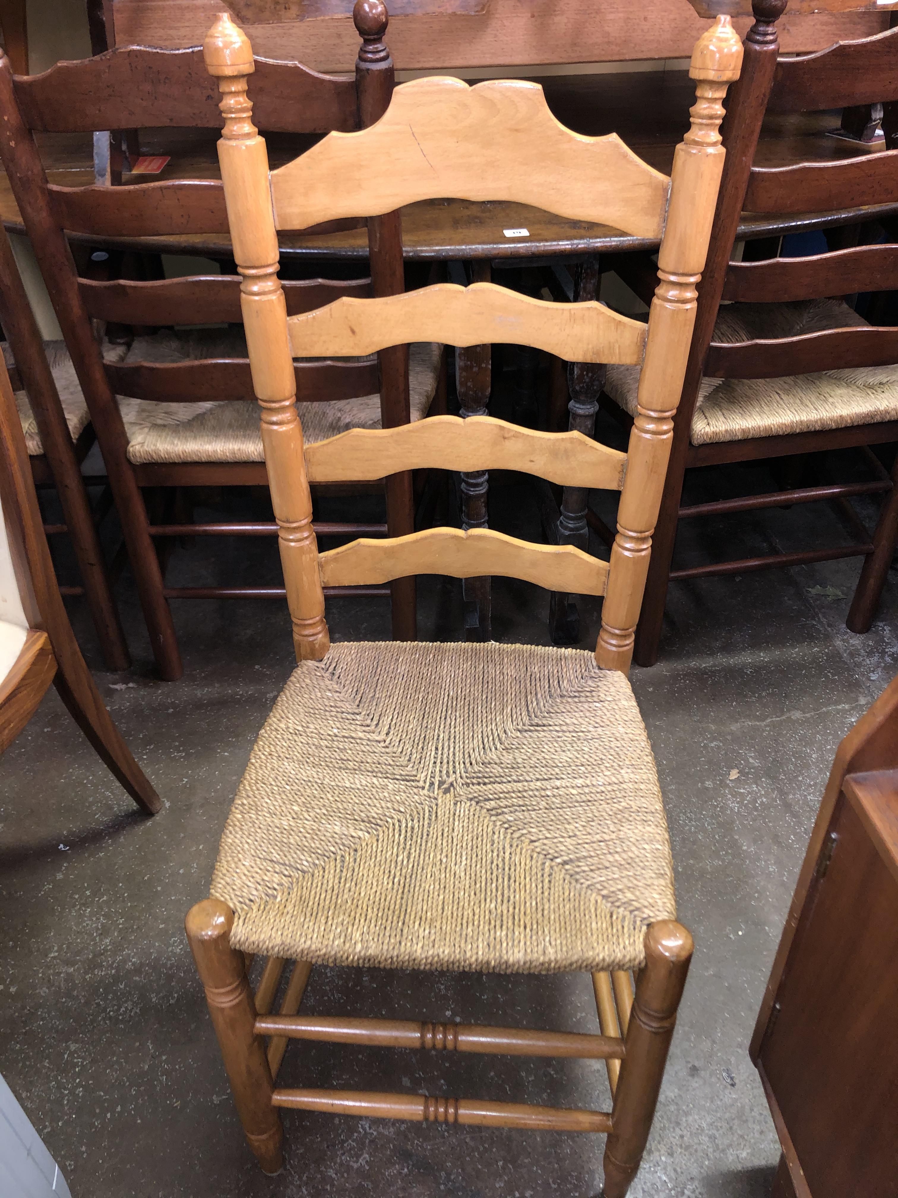 SET OF SIX BEECH LADDER BACK RAFFIA SEATED CHAIRS