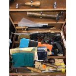 SMALL CARPENTRY WOODWORKING BOX CONTAINING BOX, PLANES, SAW, ETC.