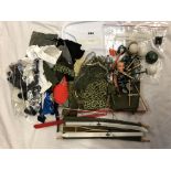 BOX OF VARIOUS ACTION MAN OUTFITS, BAG OF ACTION MAN HATS, GAS MASK, VARIOUS TOOLS,