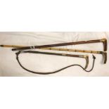 TWO ANTLER HANDLED WALKING CANES AND AN ANTLER HANDLED RIDING CROP WITH PLATED MOUNTS DATES 1915
