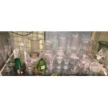 SHELF CONTAINING 19TH CENTURY DRINKING GLASSES, ETCHED CELERY VASES,