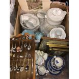 TWO BOXES CONTAINING WHITE PORCELAIN EDGED DINNER SERVICE, DECORATIVE SPOONS, CASH'S SILKS,